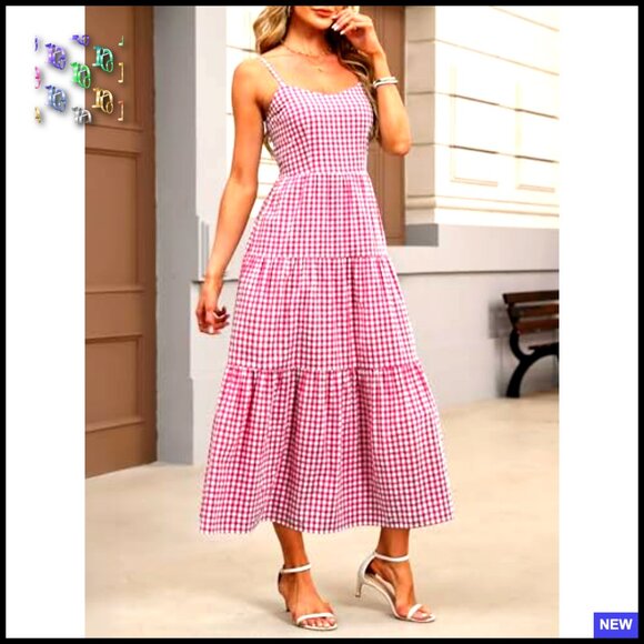 Sleeveless Striped Plaid Midi Dress Flowy Rayon Beach Vacation Sundress - Picture 4 of 7